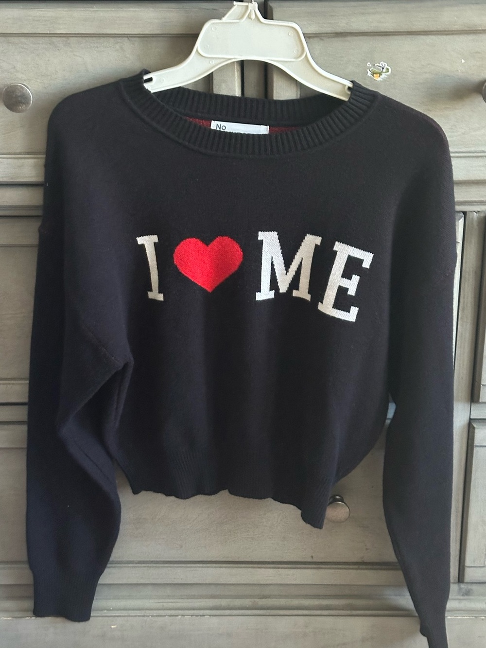No Boundaries Black Pullover Sweater with Red Heart & Cream Lettering. Medium